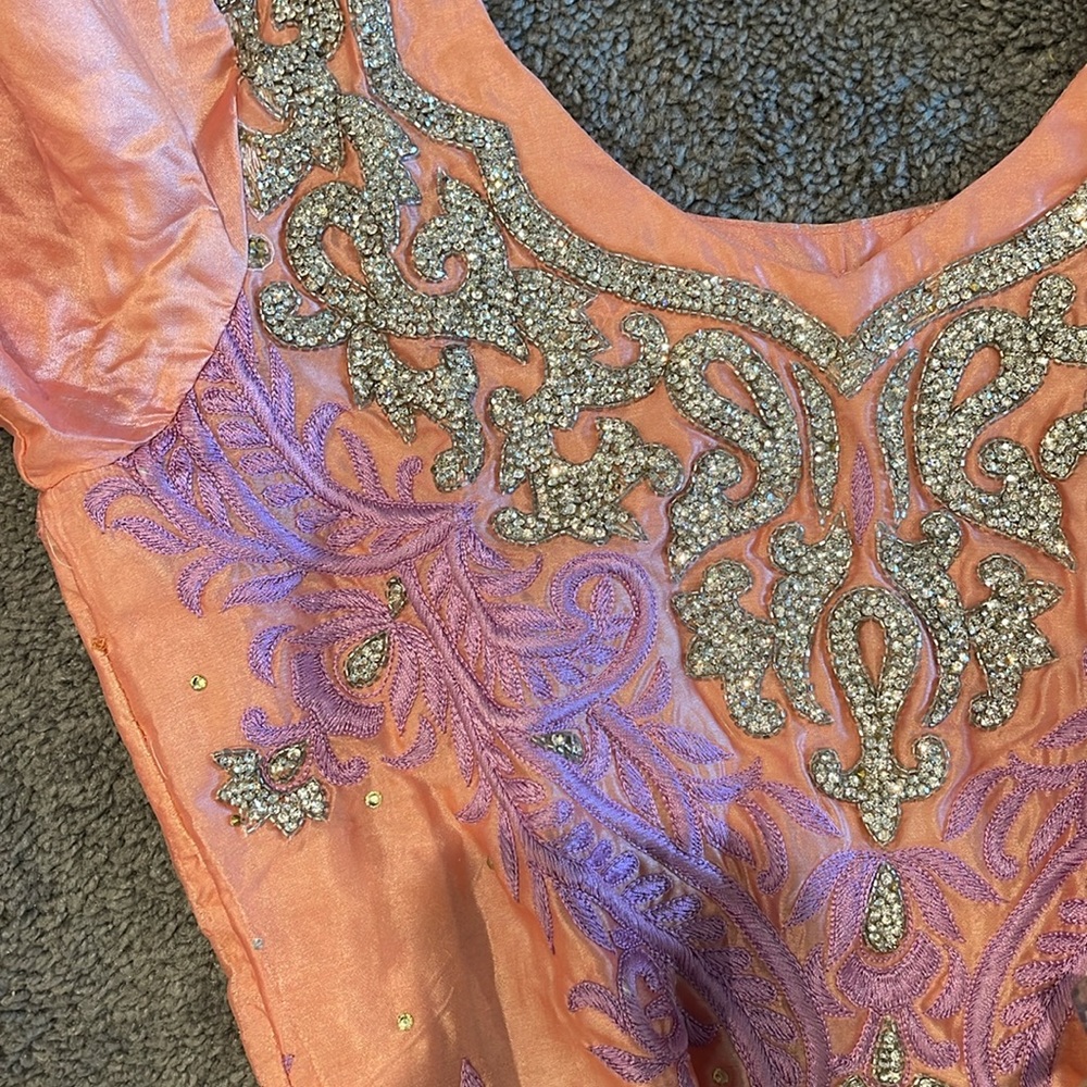 Salwar Kameez Peach with Lavender Embroidery - Salwar Kameez - Picture 8 of 9